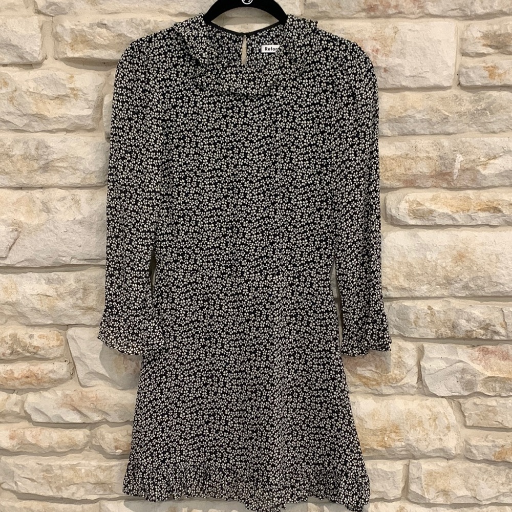 Reformation black with white flowers mini dress, size 0